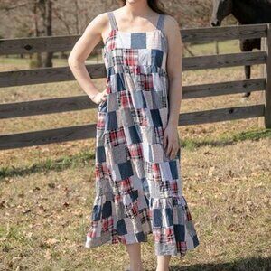 852. FAIR HOPE Patchwork Full Length Flowy Dress with Pockets Size Med. EUC